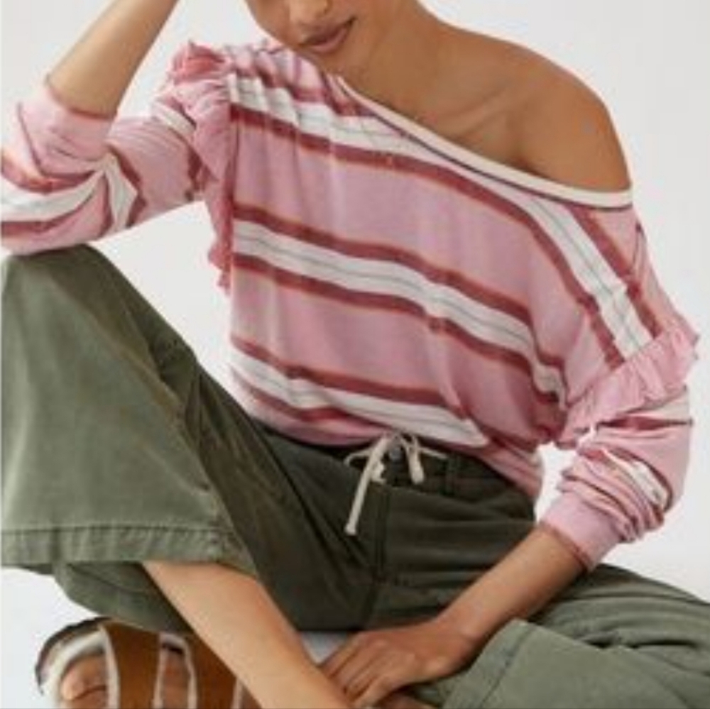 Pilcro Cotton/Modal Ruffle Shoulder Scoop Back Top, Pink Stripe, Small, NWT